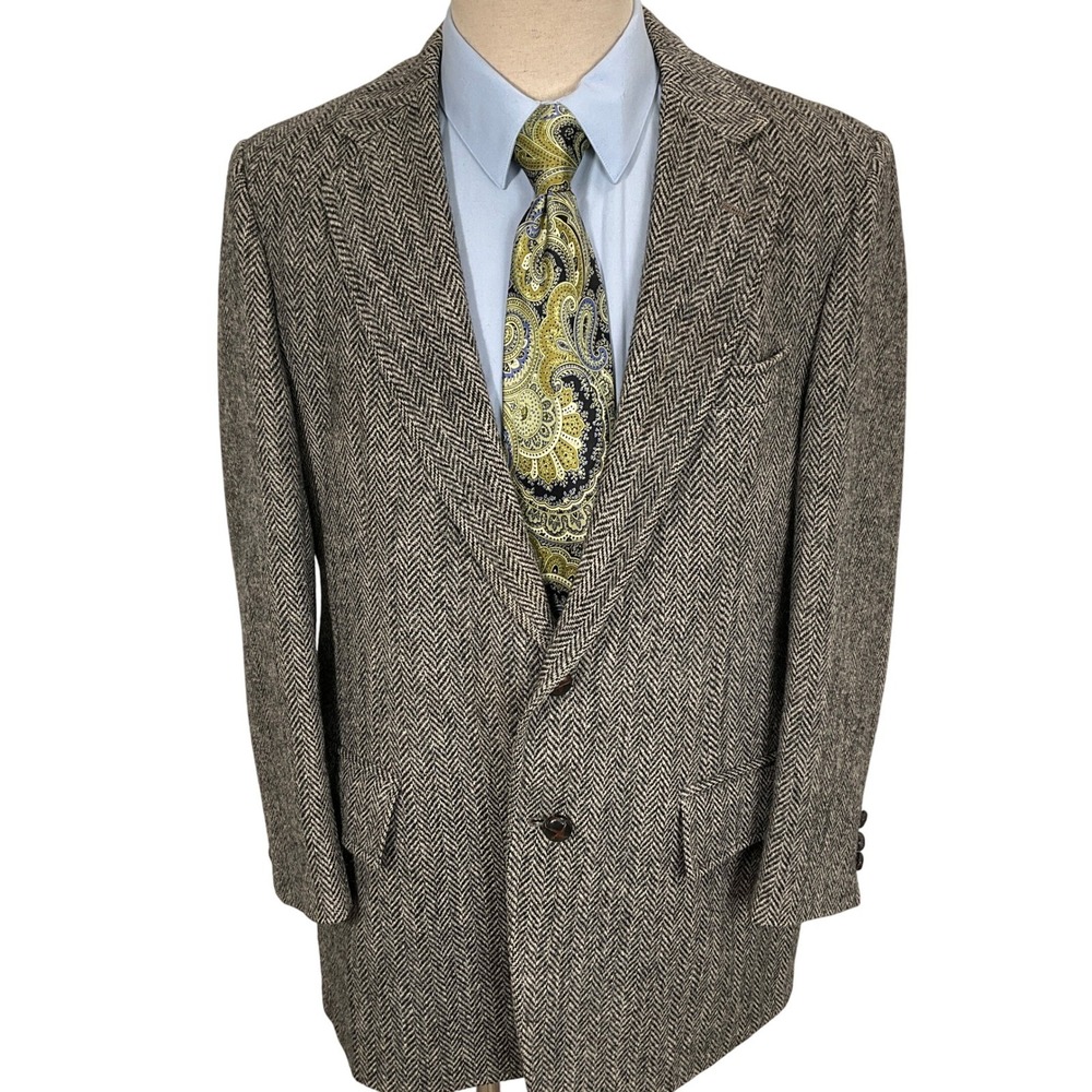 Stanley Blacker Harris Tweed Blazer Mens 42R Black Herringbone 70s Scottish Wool